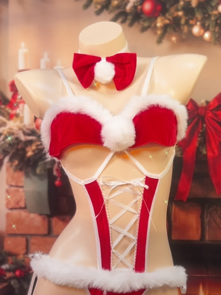 2pcs set of open-fronted body suits + neck ring bows, Christmas dress, sexy open-fronted body suits, lace-up uniforms, seductive pajamas, Christmas tube tops, naked back suits, with sexy lingerie, high-end uniforms, sexy clot - Lena & Miles Exquisite Boutique LLC.