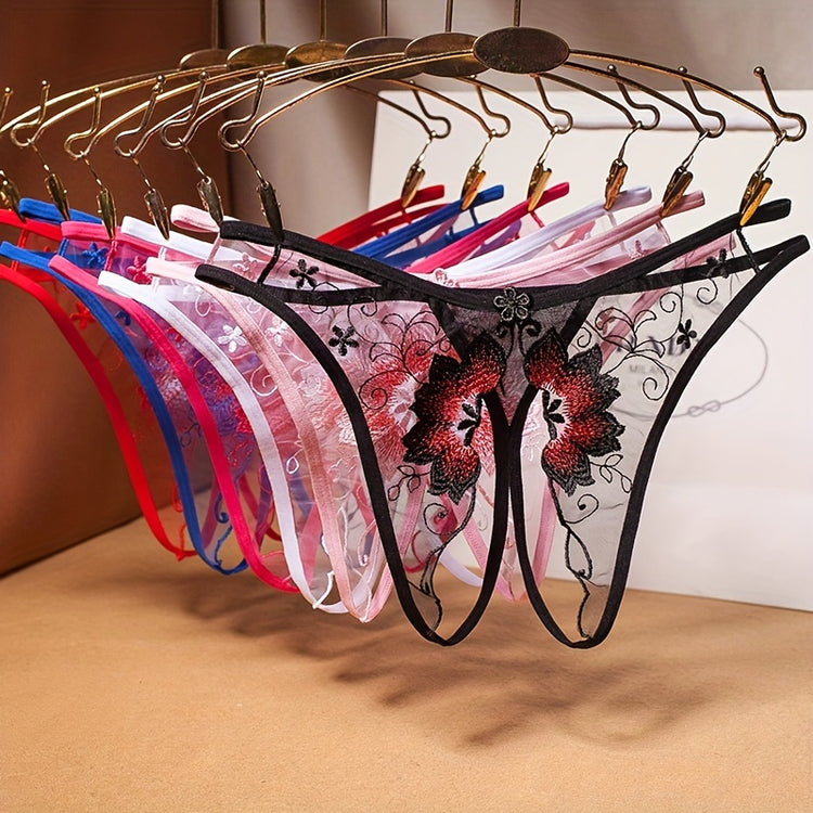 Delicate Floral Embroidered Mesh Thong Lingerie - Seductive Open Crotch & Ultra-Sheer Design - Breathable Womens Intimate Wear for Special Occasions - Lena & Miles Exquisite Boutique LLC.