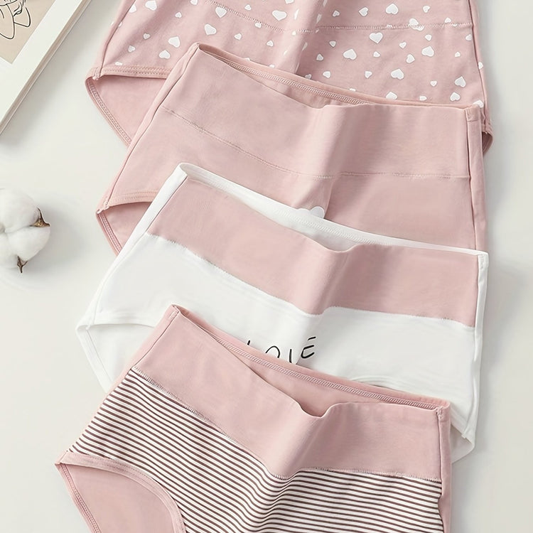 4pcs Cartoon Print Colorblock Briefs, Soft & Comfort High Waist Intimates Panties, Women&