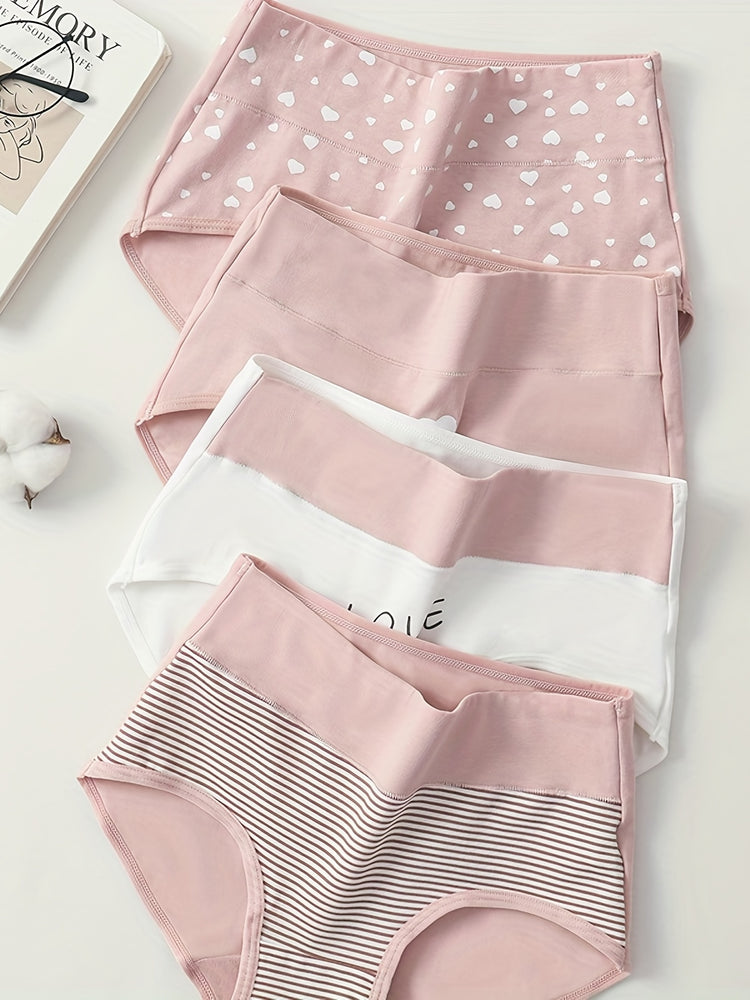 4pcs Cartoon Print Colorblock Briefs, Soft & Comfort High Waist Intimates Panties, Women&