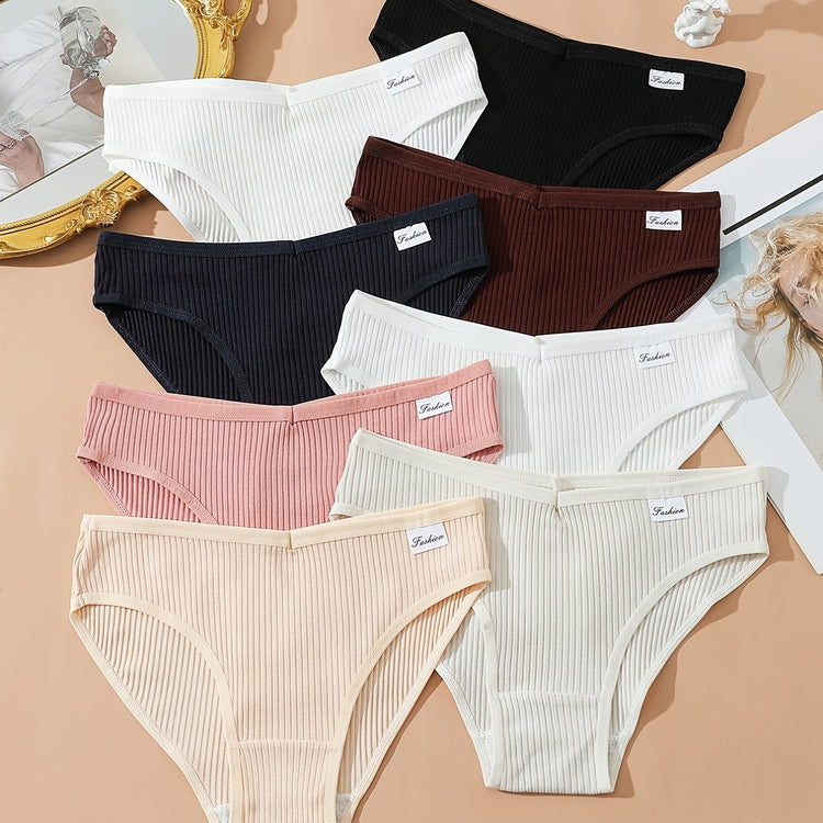 8pcs Seamless Ribbed Bikini, Comfy & Breathable Low Waist Panties, Women&