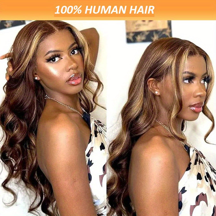 13x4 HD Lace Front Human Hair Wigs For Women Highlight P4/27 Body Wave Transparent Peruvian Lace Frontal Wig Lace Front Wig Ombre Brown Colored Pre Plucked 20-36 Inches 150% Density - Lena & Miles Exquisite Boutique LLC.