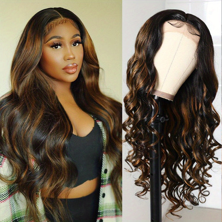 13x4 HD Lace Front Human Hair Wigs For Women Highlight P4/27 Body Wave Transparent Peruvian Lace Frontal Wig Lace Front Wig Ombre Brown Colored Pre Plucked 20-36 Inches 150% Density - Lena & Miles Exquisite Boutique LLC.