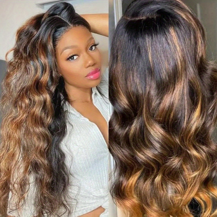 13x4 HD Lace Front Human Hair Wigs For Women Highlight P4/27 Body Wave Transparent Peruvian Lace Frontal Wig Lace Front Wig Ombre Brown Colored Pre Plucked 20-36 Inches 150% Density - Lena & Miles Exquisite Boutique LLC.