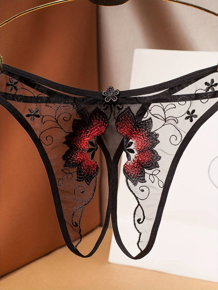 Delicate Floral Embroidered Mesh Thong Lingerie - Seductive Open Crotch & Ultra-Sheer Design - Breathable Womens Intimate Wear for Special Occasions - Lena & Miles Exquisite Boutique LLC.