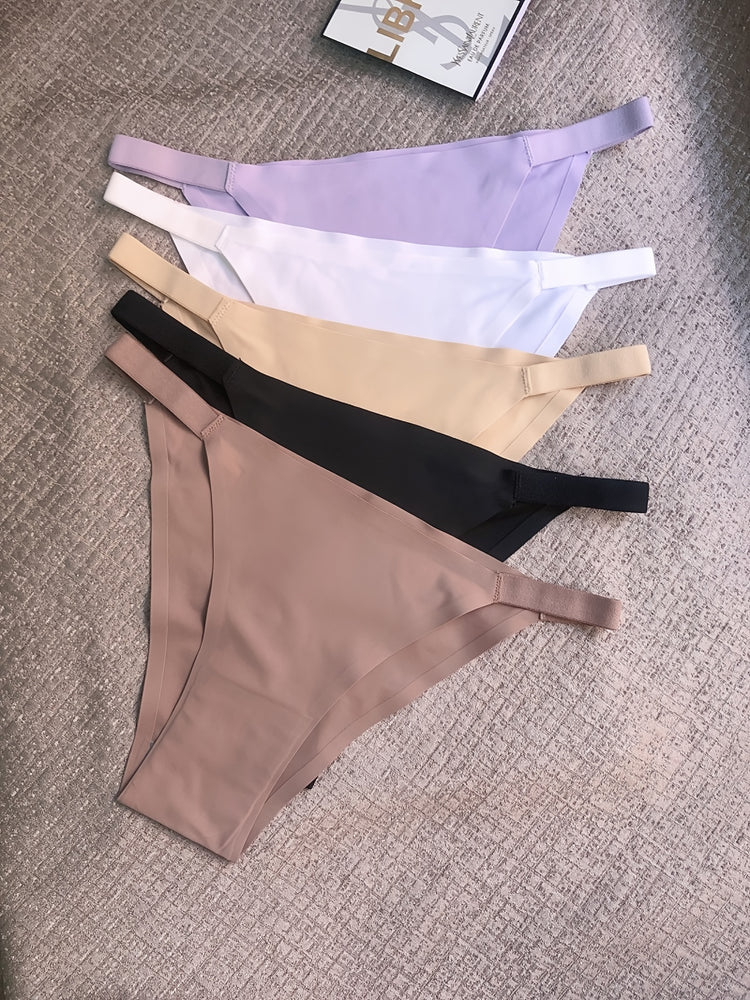 5 Pack Solid Seamless Low Waist Panties, Comfortable Daily Thongs, Women&