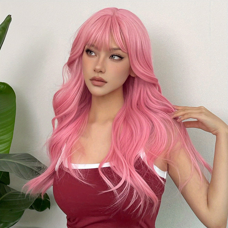 24 Inch Long, Coily, Heat Resistant Pink Body Wave Hair Wigs with Bangs - Synthetic Fiber, Fantasy Theme, Perfect for Daily, Party, Cosplay, Music Festival Use - High-Quality, Soft, Natural-Looking Hair for Women and Girls - Lena & Miles Exquisite Boutique LLC.