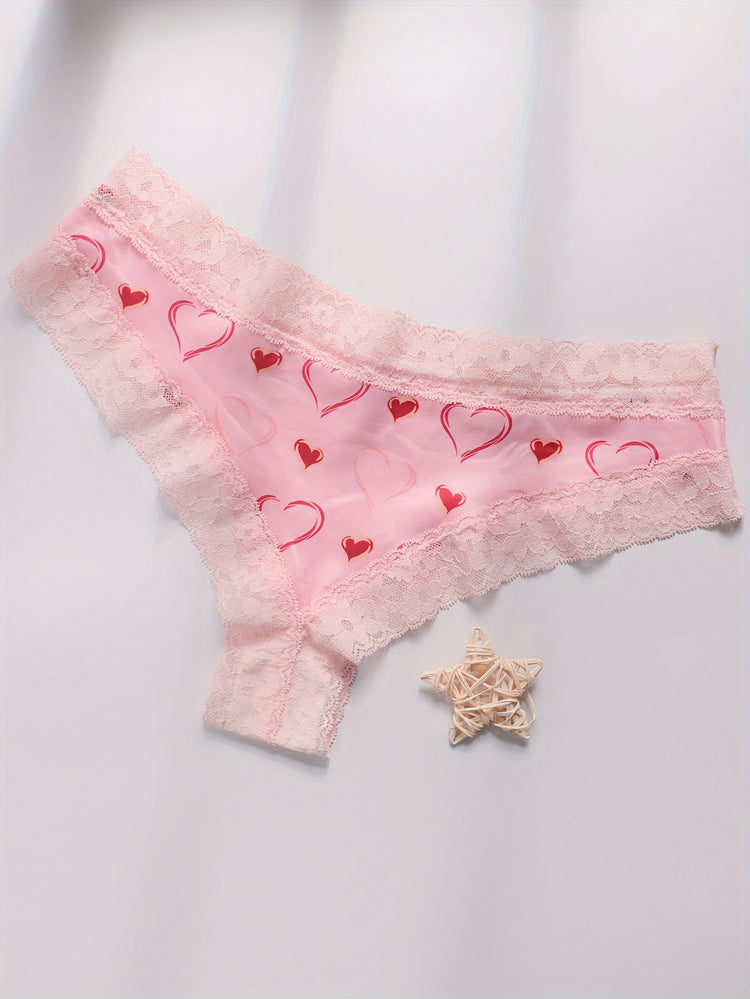 Adorable Heart Print Hipster Panties with Festive Lace Trim - Low Waist, Soft & Comfortable Intimates for Women - Perfect Kings Day Lingerie - Lena & Miles Exquisite Boutique LLC.