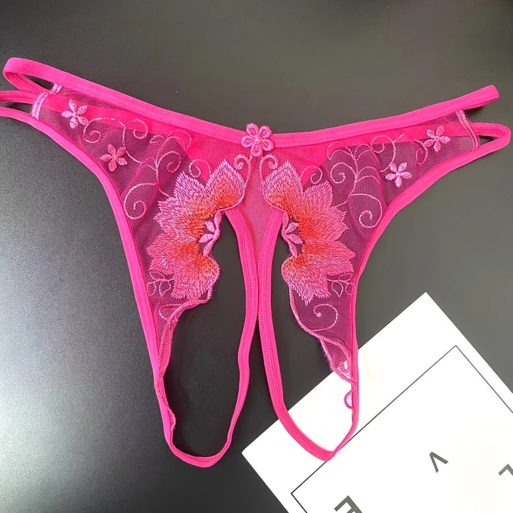 Delicate Floral Embroidered Mesh Thong Lingerie - Seductive Open Crotch & Ultra-Sheer Design - Breathable Womens Intimate Wear for Special Occasions - Lena & Miles Exquisite Boutique LLC.