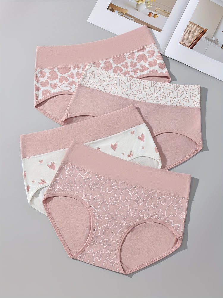 4pcs Cartoon Print Colorblock Briefs, Soft & Comfort High Waist Intimates Panties, Women&