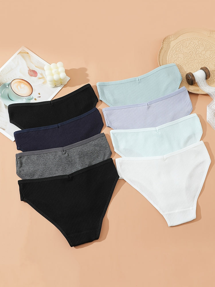 8pcs Seamless Ribbed Bikini, Comfy & Breathable Low Waist Panties, Women&