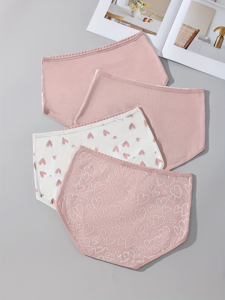 4pcs Cartoon Print Colorblock Briefs, Soft & Comfort High Waist Intimates Panties, Women&