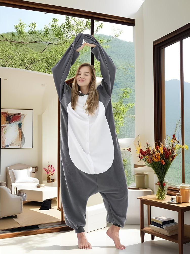 Christmas Cartoon Shark One Piece Pajama, Soft & Comfy Long Sleeve Hooded Pajama Jumpsuit, Women&