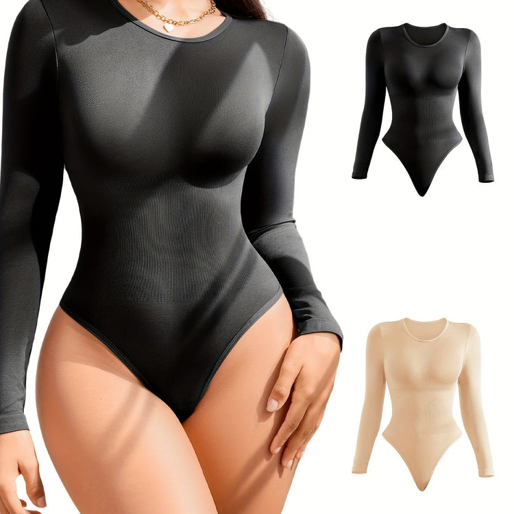SHARICCA 2pcs Women Slimming Bodysuits Shapewear, Control Tummy Lift Butt Shaper, Seamless Long Sleeve Round Neck Body Suit Set For Women - Lena & Miles Exquisite Boutique LLC.