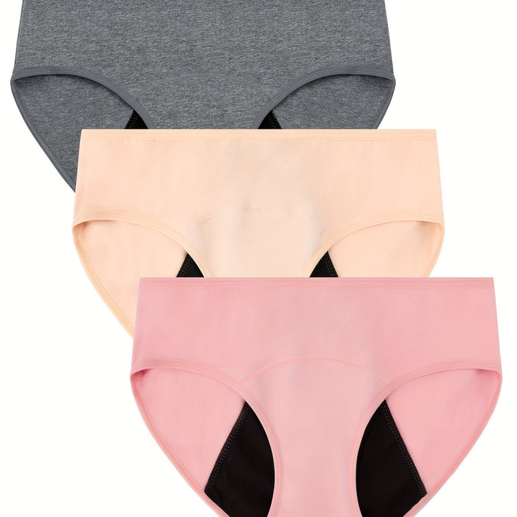 3pcs Simple Period Panties, Comfort Mid-high Waist Physiological Briefs, Breathable Postpartum Panty, Menstruation Panties, Women&