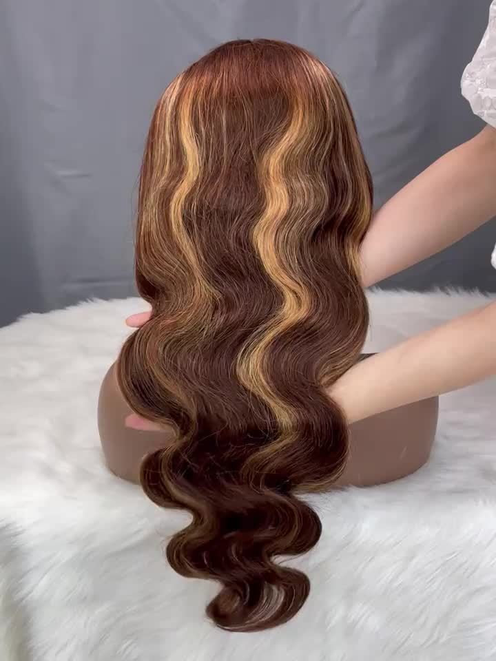 13x4 HD Lace Front Human Hair Wigs For Women Highlight P4/27 Body Wave Transparent Peruvian Lace Frontal Wig Lace Front Wig Ombre Brown Colored Pre Plucked 20-36 Inches 150% Density - Lena & Miles Exquisite Boutique LLC.