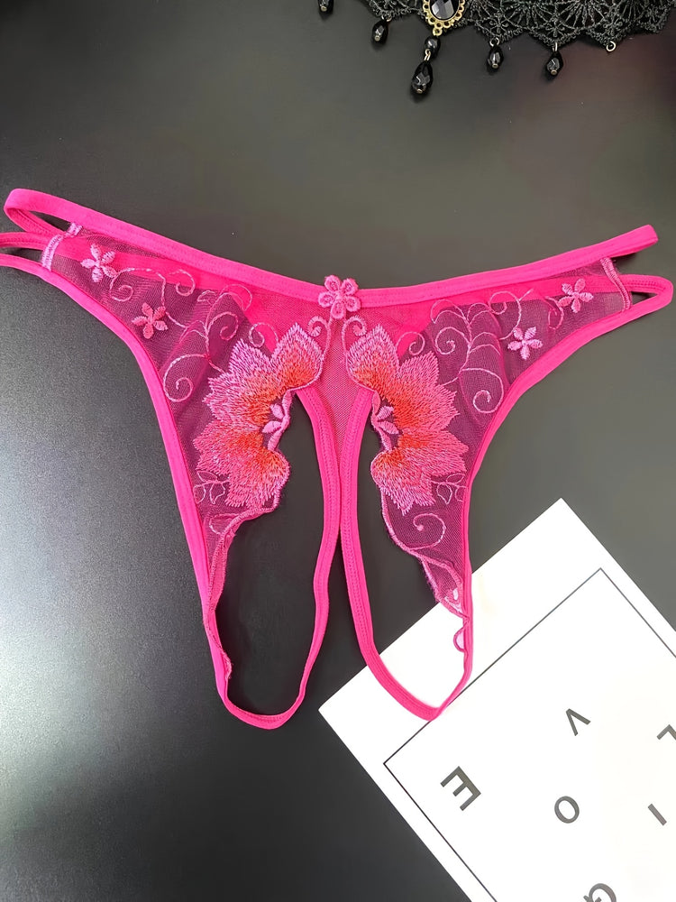 Delicate Floral Embroidered Mesh Thong Lingerie - Seductive Open Crotch & Ultra-Sheer Design - Breathable Womens Intimate Wear for Special Occasions - Lena & Miles Exquisite Boutique LLC.