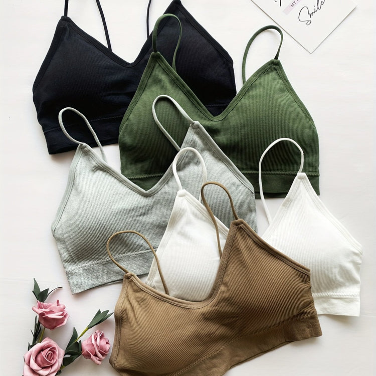 5pcs Soft Ribbed Bralettes, Comfort & Breathable Thin Strap Everyday Bra, Women&