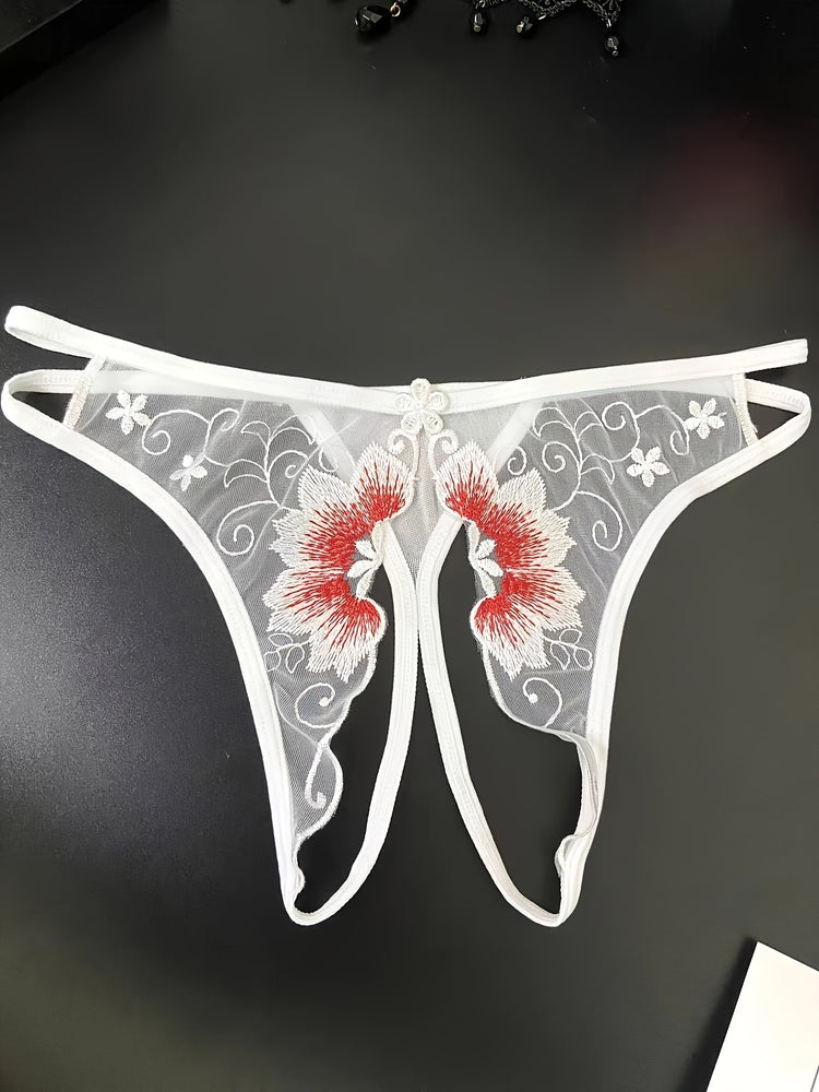 Delicate Floral Embroidered Mesh Thong Lingerie - Seductive Open Crotch & Ultra-Sheer Design - Breathable Womens Intimate Wear for Special Occasions - Lena & Miles Exquisite Boutique LLC.