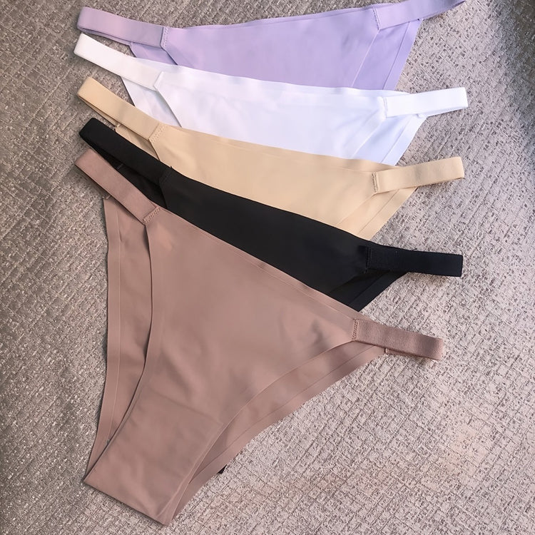 5 Pack Solid Seamless Low Waist Panties, Comfortable Daily Thongs, Women&