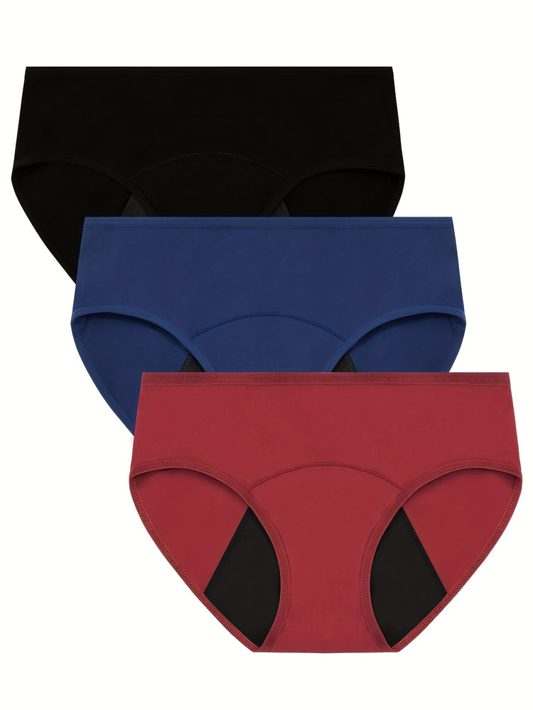 3pcs Simple Period Panties, Comfort Mid-high Waist Physiological Briefs, Breathable Postpartum Panty, Menstruation Panties, Women&