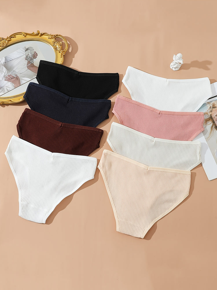 8pcs Seamless Ribbed Bikini, Comfy & Breathable Low Waist Panties, Women&