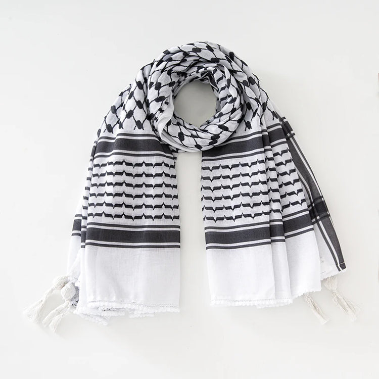 Classic Plaid Print Hijab Scarf Pompom Tassels Black and White Square Shemagh Muslim Headscarf Women Arab Keffiyeh Hijabs - Lena & Miles Exquisite Boutique LLC.