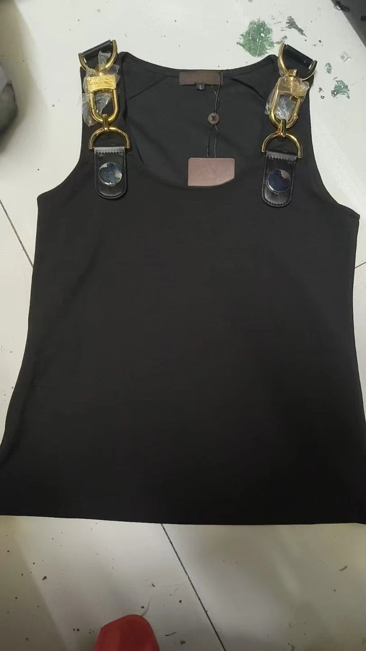 VGH American Retro Streetwear Tops for Women Square Collar Sleevelesss Patchwork Metal Buckle Waistcoat Female Summer Clothing - Lena & Miles Exquisite Boutique LLC.