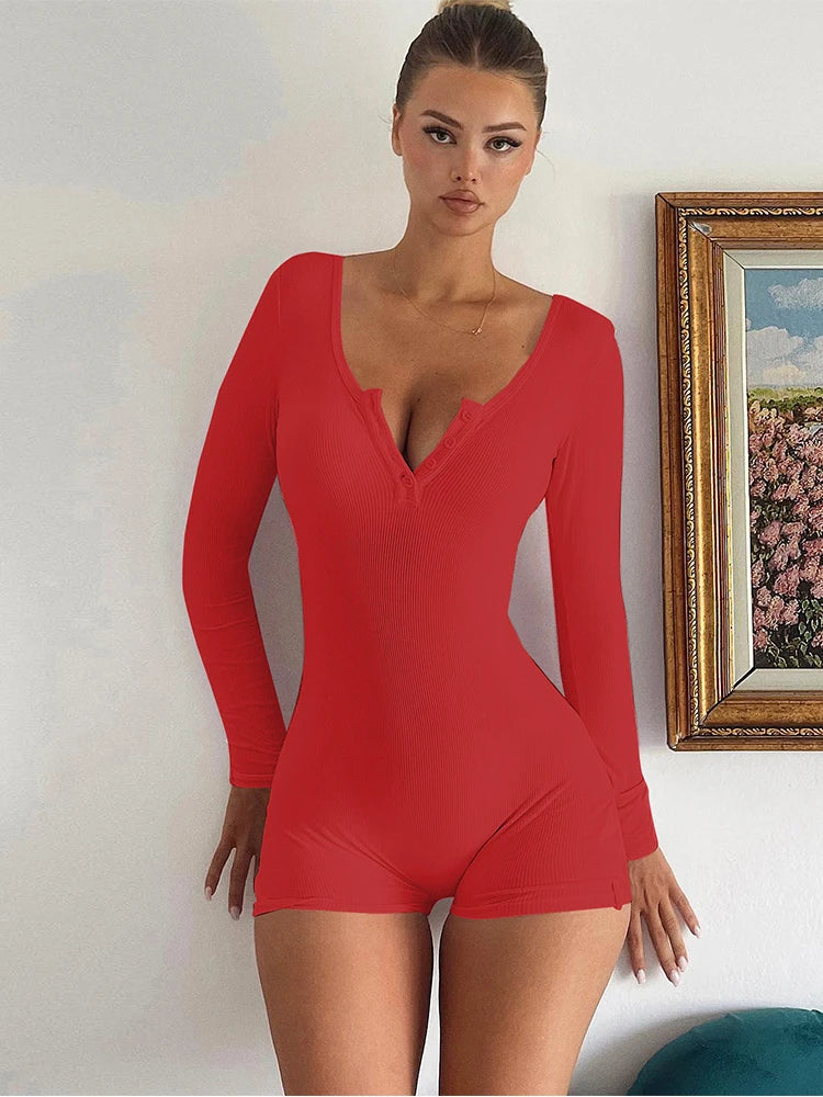 Dulzura Skinny Long Sleeve Playsuits Solid Bodycon Jumpsuits Rompers Evening Party Club Holiday Workout Sport Women Clothes Y2K - Lena & Miles Exquisite Boutique LLC.
