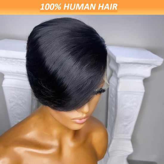 13x6x1 T Part Lace Frontal Wig Pixie Cut Wig Human Hair Wigs For Women 8 Inch 180% Density Glueless Bob Wigs Short Layered Pixie Cut Straight Human Hair Wigs Natural Black Color Short Pixie Wigs With Bangs Side Part Pixie Wig - Lena & Miles Exquisite Boutique LLC.