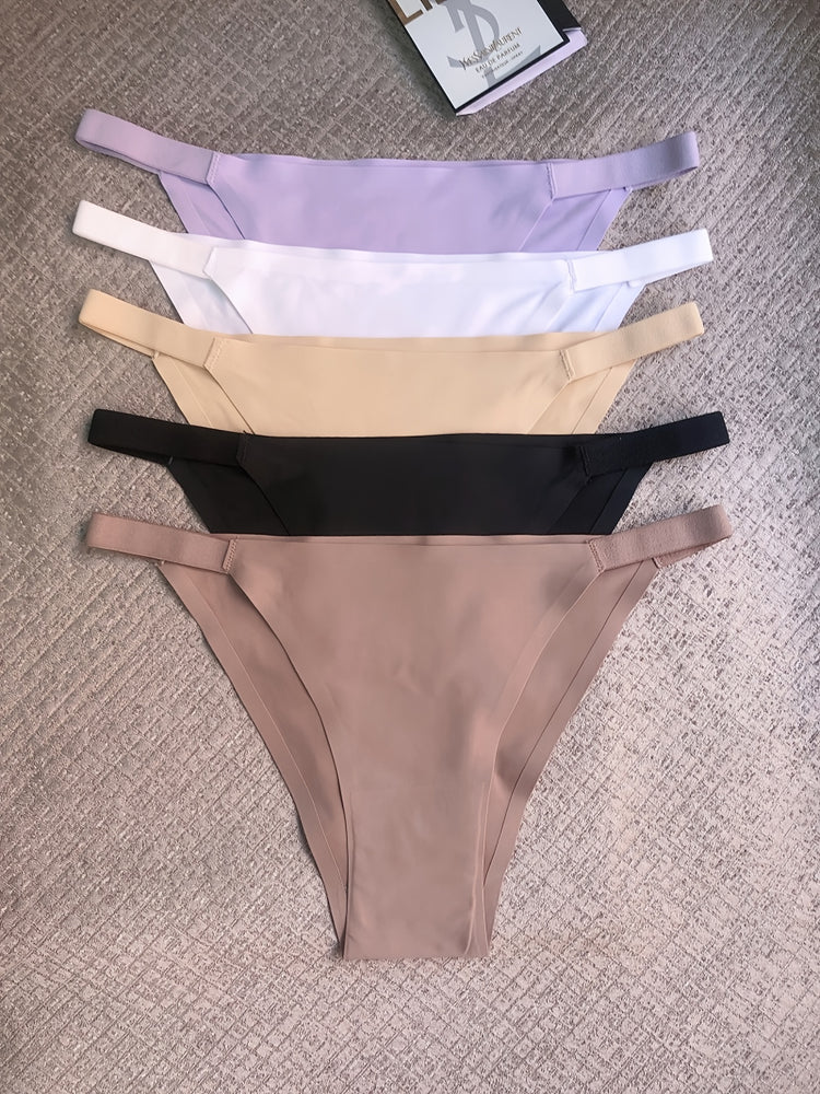 5 Pack Solid Seamless Low Waist Panties, Comfortable Daily Thongs, Women&