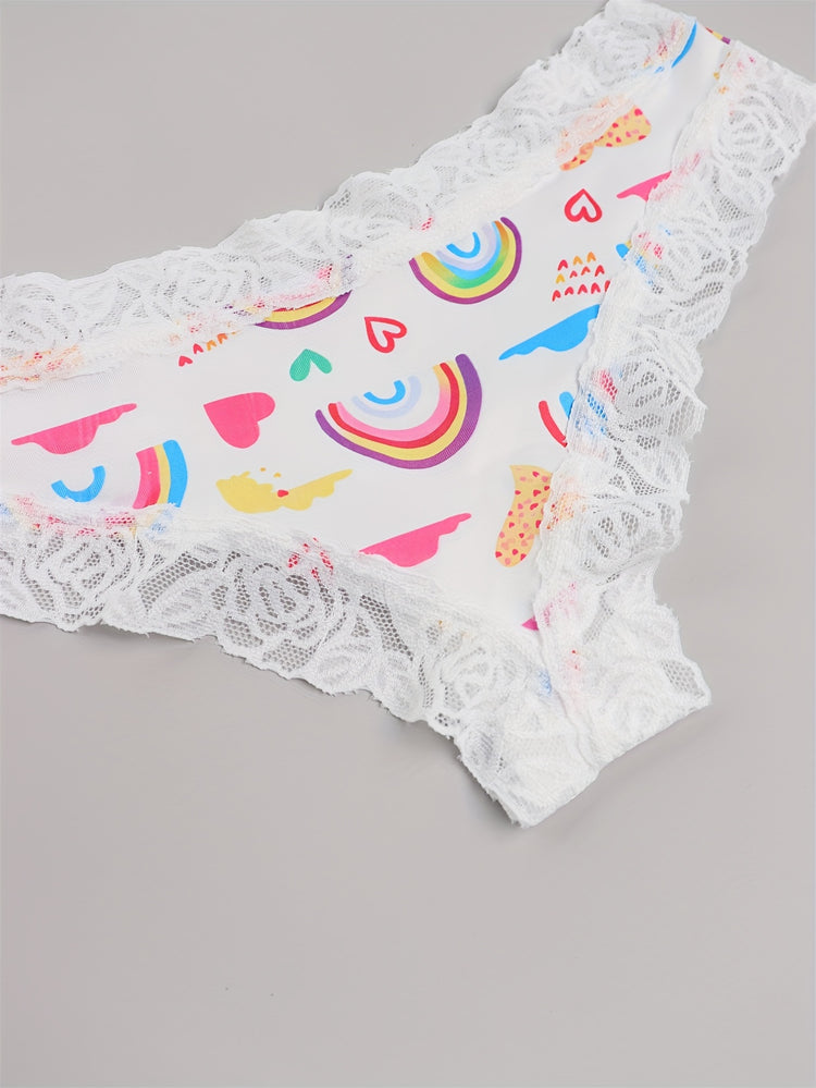 Adorable Heart Print Hipster Panties with Festive Lace Trim - Low Waist, Soft & Comfortable Intimates for Women - Perfect Kings Day Lingerie - Lena & Miles Exquisite Boutique LLC.