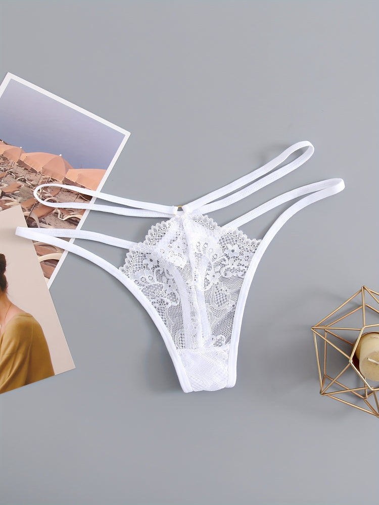 3pcs Cut-out Lace Thongs, Semi Sheer Thin Belt Intimates Panties, Women&