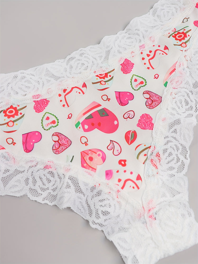 Adorable Heart Print Hipster Panties with Festive Lace Trim - Low Waist, Soft & Comfortable Intimates for Women - Perfect Kings Day Lingerie - Lena & Miles Exquisite Boutique LLC.