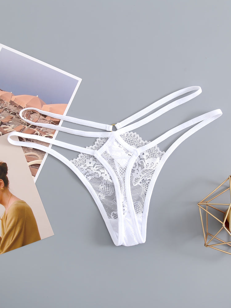 3pcs Cut-out Lace Thongs, Semi Sheer Thin Belt Intimates Panties, Women&