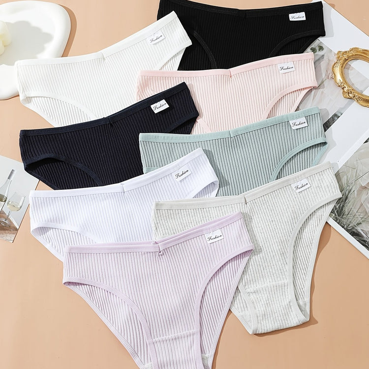 8pcs Seamless Ribbed Bikini, Comfy & Breathable Low Waist Panties, Women&