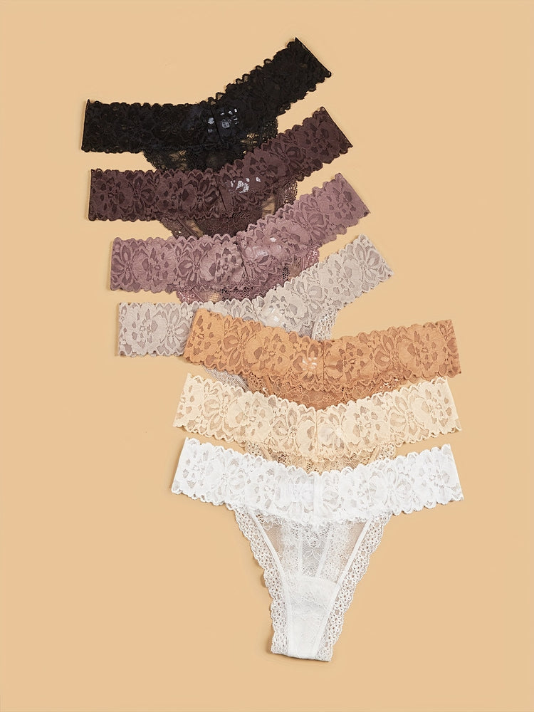 7pcs Floral Lace Cheeky Thongs, Sultry Semi-sheer Low Waist Panties, Women&