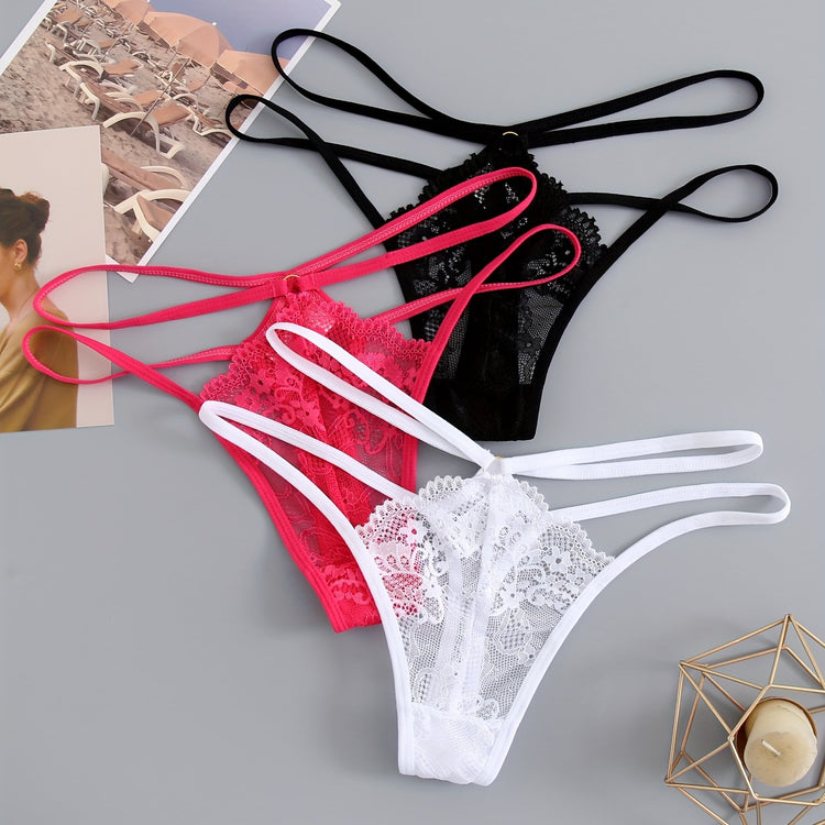 3pcs Cut-out Lace Thongs, Semi Sheer Thin Belt Intimates Panties, Women&