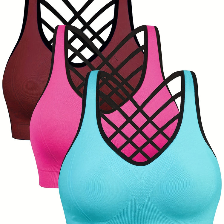 3pcs Criss Cross Back Sports Bras, Comfy & Breathable versatile Fitness Tank Bra, Women&
