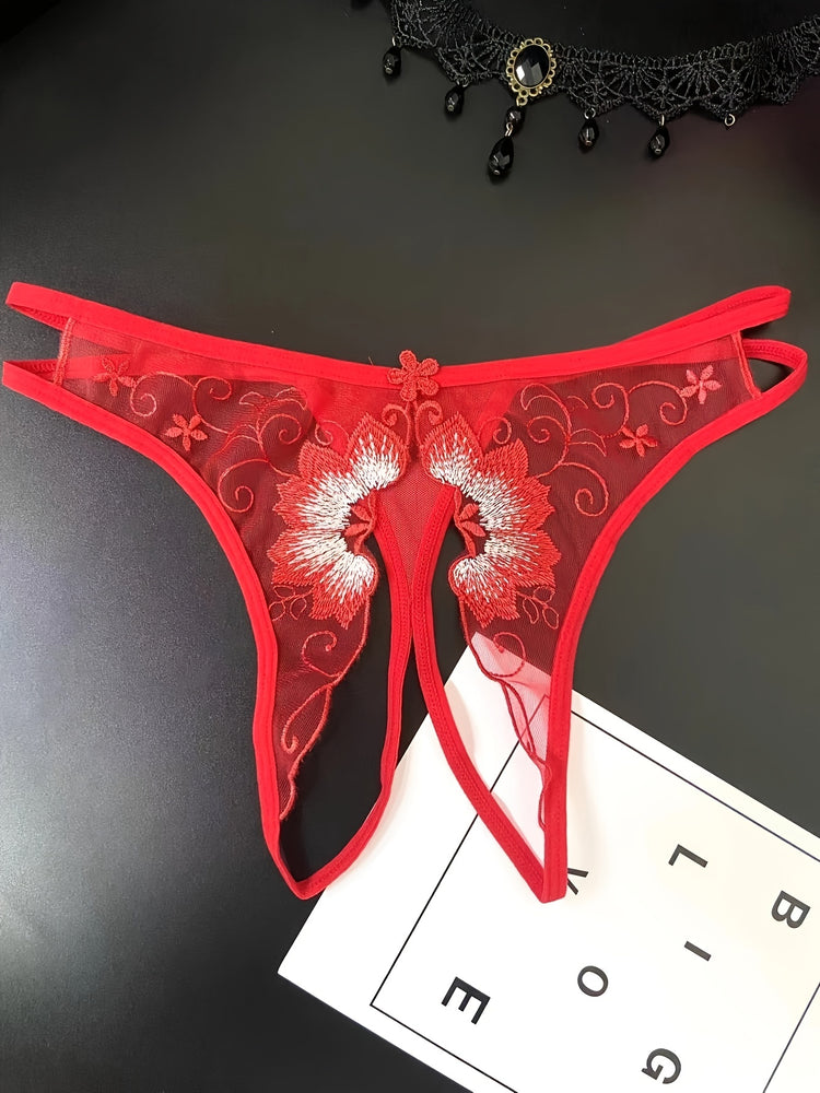 Delicate Floral Embroidered Mesh Thong Lingerie - Seductive Open Crotch & Ultra-Sheer Design - Breathable Womens Intimate Wear for Special Occasions - Lena & Miles Exquisite Boutique LLC.