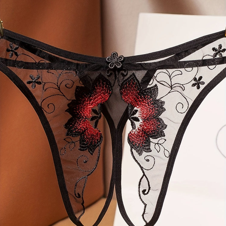 Delicate Floral Embroidered Mesh Thong Lingerie - Seductive Open Crotch & Ultra-Sheer Design - Breathable Womens Intimate Wear for Special Occasions - Lena & Miles Exquisite Boutique LLC.