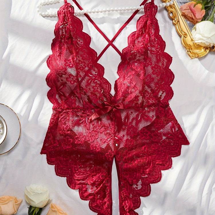 Plus Size Seductive Floral Lace Bodysuit - Plunging Halter Neck, Open Crotch, Medium Stretch, Sheer, Knit Fabric, Polyester Material - Sexy Lingerie for Women - Lena & Miles Exquisite Boutique LLC.