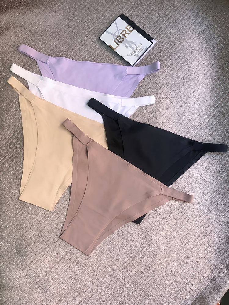 5 Pack Solid Seamless Low Waist Panties, Comfortable Daily Thongs, Women&