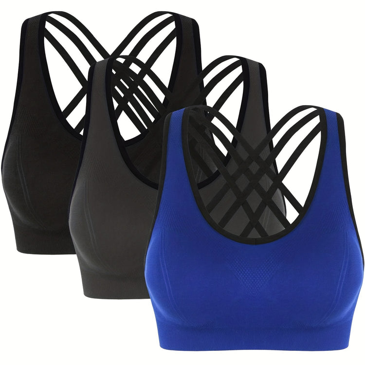 3pcs Criss Cross Back Sports Bras, Comfy & Breathable versatile Fitness Tank Bra, Women&