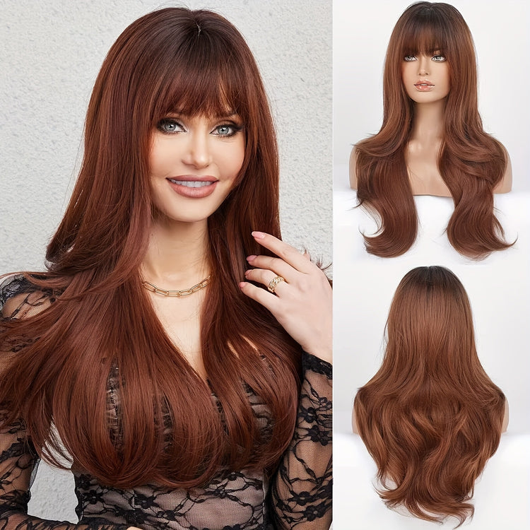 Ombre Long Curly Wavy Wig With Bangs Synthetic Wig Beginners Friendly Heat Resistant Elegant For Daily Use Wigs For Women - Lena & Miles Exquisite Boutique LLC.
