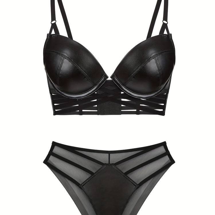 Simple Solid Bra & Panties, Push Up Bra & Cut Out Panties Lingerie Set, Women&