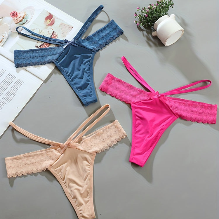 3pcs Solid Contrast Lace Bow Cut Out Thongs, Comfy & Breathable Intimates Panties, Women&