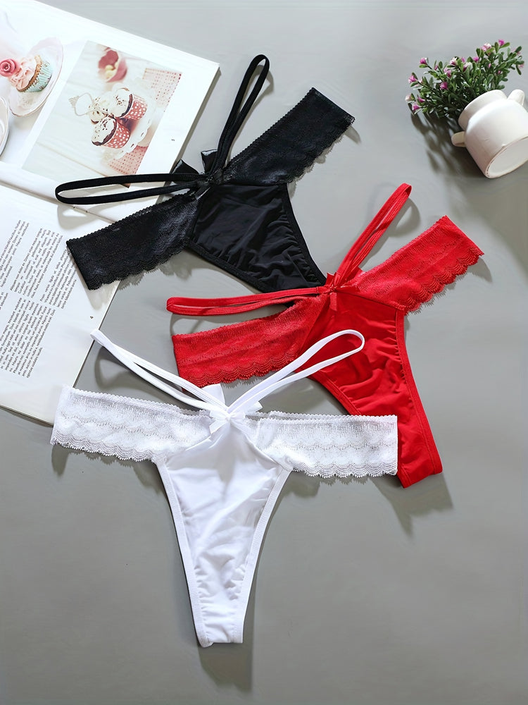 3pcs Solid Contrast Lace Bow Cut Out Thongs, Comfy & Breathable Intimates Panties, Women&