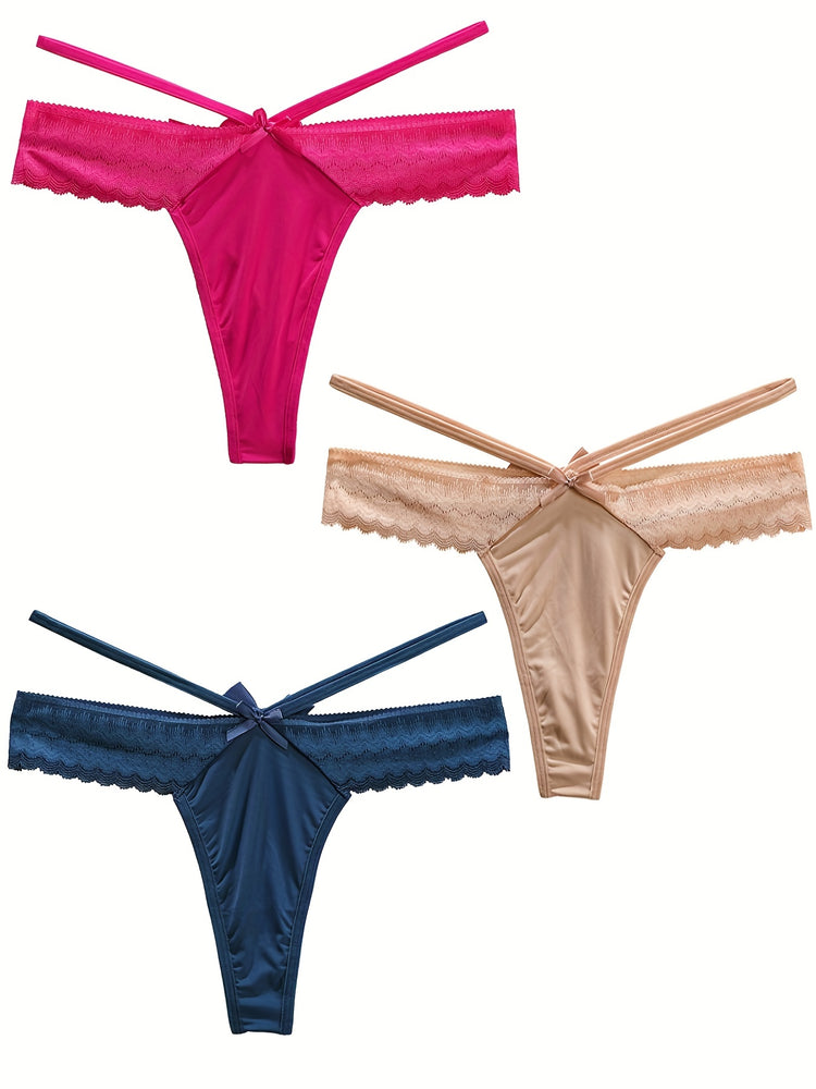 3pcs Solid Contrast Lace Bow Cut Out Thongs, Comfy & Breathable Intimates Panties, Women&