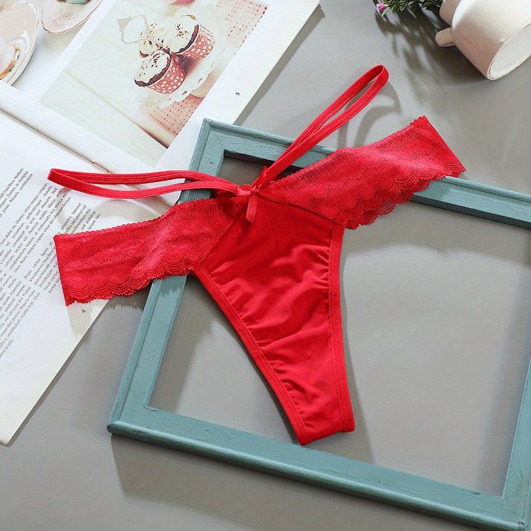 3pcs Solid Contrast Lace Bow Cut Out Thongs, Comfy & Breathable Intimates Panties, Women&